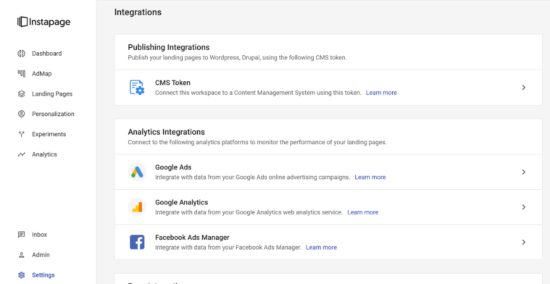 Instapage dashboard integrations