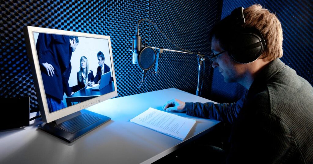 Voice over business professional recording session with a microphone and computer screen